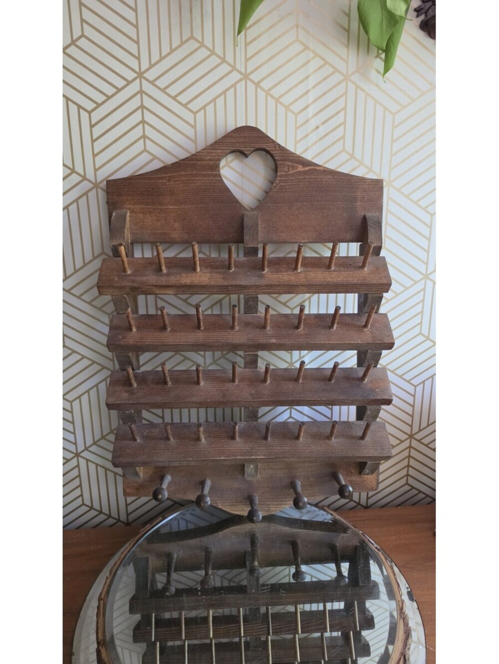 Vintage Wooden Heart Cutout Spool/Ornament Holder Cottage Granny Core Shelf